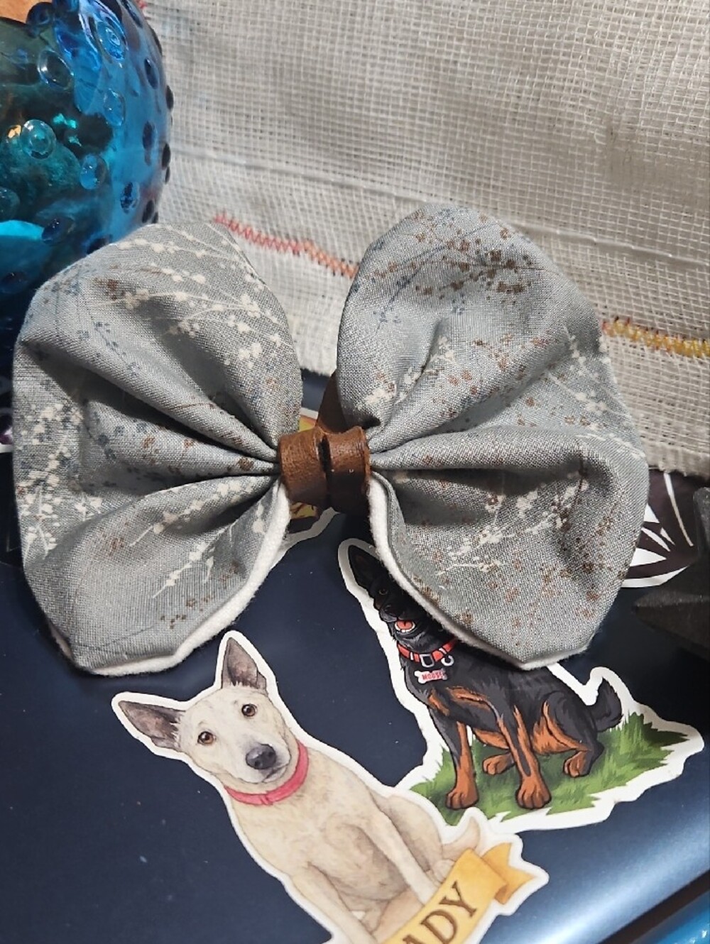 Handcrafted Gray Floral And Brown Leather Knot Bow Pet Collar Accent NEW